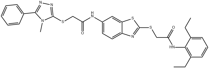 N-(2-{[2-(2,6-diethylanilino)-2-oxoethyl]sulfanyl}-1,3-benzothiazol-6-yl)-2-[(4-methyl-5-phenyl-4H-1,2,4-triazol-3-yl)sulfanyl]acetamide 化学構造式