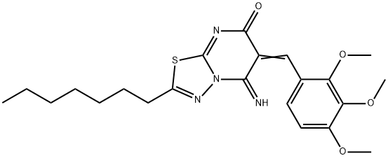 2-heptyl-5-imino-6-(2,3,4-trimethoxybenzylidene)-5,6-dihydro-7H-[1,3,4]thiadiazolo[3,2-a]pyrimidin-7-one Structure