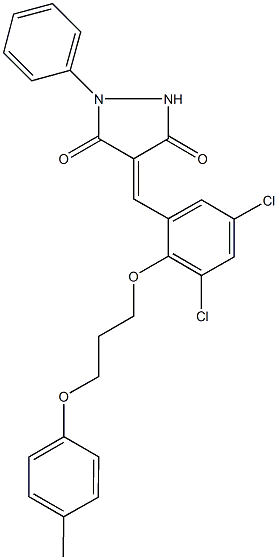 4-{3,5-dichloro-2-[3-(4-methylphenoxy)propoxy]benzylidene}-1-phenyl-3,5-pyrazolidinedione 化学構造式