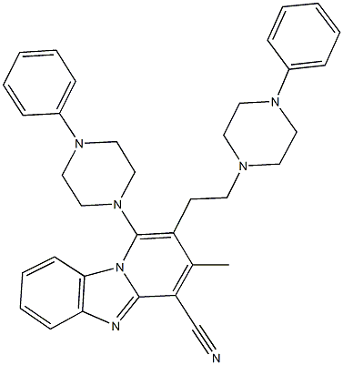 3-methyl-1-(4-phenylpiperazin-1-yl)-2-[2-(4-phenylpiperazin-1-yl)ethyl]pyrido[1,2-a]benzimidazole-4-carbonitrile Struktur