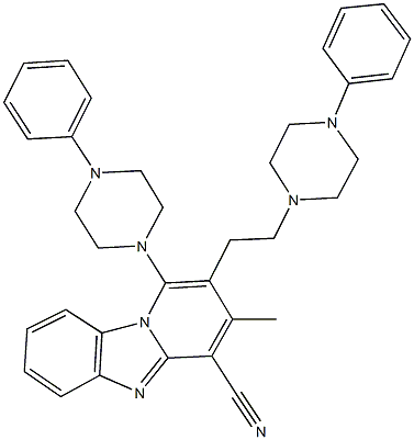 3-methyl-1-(4-phenylpiperazin-1-yl)-2-[2-(4-phenylpiperazin-1-yl)ethyl]pyrido[1,2-a]benzimidazole-4-carbonitrile 结构式