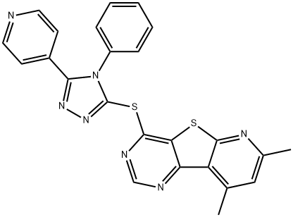 7,9-dimethyl-4-{[4-phenyl-5-(4-pyridinyl)-4H-1,2,4-triazol-3-yl]sulfanyl}pyrido[3',2':4,5]thieno[3,2-d]pyrimidine Struktur