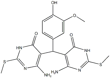 6-amino-5-[[4-amino-2-(methylsulfanyl)-6-oxo-1,6-dihydropyrimidin-5-yl](4-hydroxy-3-methoxyphenyl)methyl]-2-(methylsulfanyl)pyrimidin-4(3H)-one 化学構造式