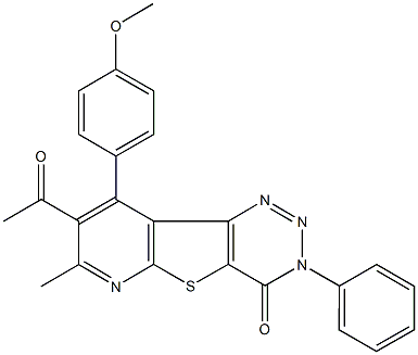 8-acetyl-9-(4-methoxyphenyl)-7-methyl-3-phenylpyrido[3',2':4,5]thieno[3,2-d][1,2,3]triazin-4(3H)-one 化学構造式