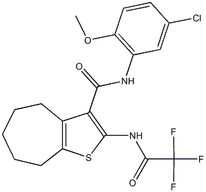 N-(5-chloro-2-methoxyphenyl)-2-[(trifluoroacetyl)amino]-5,6,7,8-tetrahydro-4H-cyclohepta[b]thiophene-3-carboxamide 化学構造式