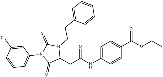 ethyl 4-({[1-(3-chlorophenyl)-5-oxo-3-(2-phenylethyl)-2-thioxo-4-imidazolidinyl]acetyl}amino)benzoate 化学構造式