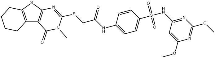 N-(4-{[(2,6-dimethoxy-4-pyrimidinyl)amino]sulfonyl}phenyl)-2-[(3-methyl-4-oxo-3,4,5,6,7,8-hexahydro[1]benzothieno[2,3-d]pyrimidin-2-yl)sulfanyl]acetamide Structure