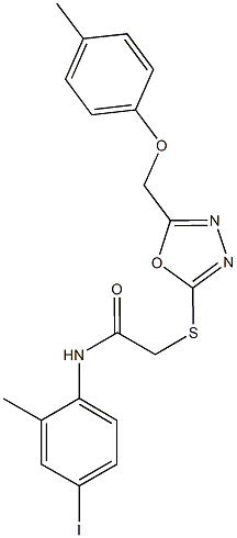 N-(4-iodo-2-methylphenyl)-2-({5-[(4-methylphenoxy)methyl]-1,3,4-oxadiazol-2-yl}sulfanyl)acetamide 化学構造式