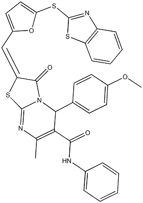 2-{[5-(1,3-benzothiazol-2-ylsulfanyl)-2-furyl]methylene}-5-(4-methoxyphenyl)-7-methyl-3-oxo-N-phenyl-2,3-dihydro-5H-[1,3]thiazolo[3,2-a]pyrimidine-6-carboxamide,500134-61-2,结构式