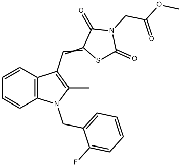 methyl (5-{[1-(2-fluorobenzyl)-2-methyl-1H-indol-3-yl]methylene}-2,4-dioxo-1,3-thiazolidin-3-yl)acetate 化学構造式