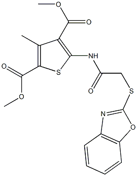 dimethyl 5-{[(1,3-benzoxazol-2-ylsulfanyl)acetyl]amino}-3-methyl-2,4-thiophenedicarboxylate Structure