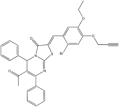 6-acetyl-2-[2-bromo-5-ethoxy-4-(2-propynyloxy)benzylidene]-5,7-diphenyl-5H-[1,3]thiazolo[3,2-a]pyrimidin-3(2H)-one Struktur