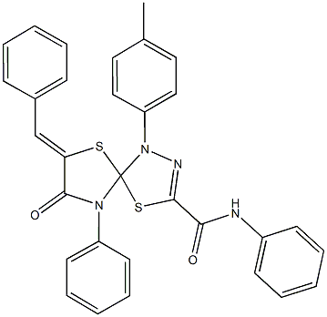 7-benzylidene-1-(4-methylphenyl)-8-oxo-N,9-diphenyl-4,6-dithia-1,2,9-triazaspiro[4.4]non-2-ene-3-carboxamide Struktur