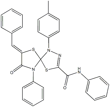 7-benzylidene-1-(4-methylphenyl)-8-oxo-N,9-diphenyl-4,6-dithia-1,2,9-triazaspiro[4.4]non-2-ene-3-carboxamide,500263-63-8,结构式