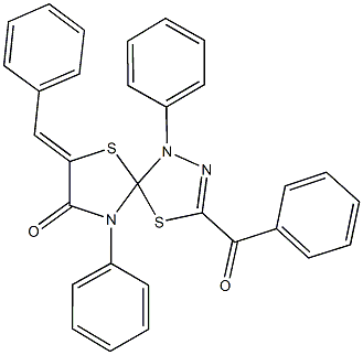 3-benzoyl-7-benzylidene-1,9-diphenyl-4,6-dithia-1,2,9-triazaspiro[4.4]non-2-en-8-one Structure