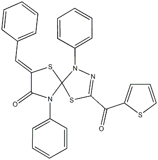 7-benzylidene-1,9-diphenyl-3-(2-thienylcarbonyl)-4,6-dithia-1,2,9-triazaspiro[4.4]non-2-en-8-one 结构式