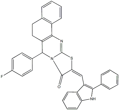 7-(4-fluorophenyl)-10-[(2-phenyl-1H-indol-3-yl)methylene]-5,7-dihydro-6H-benzo[h][1,3]thiazolo[2,3-b]quinazolin-9(10H)-one 化学構造式