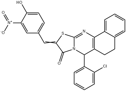 7-(2-chlorophenyl)-10-{4-hydroxy-3-nitrobenzylidene}-5,7-dihydro-6H-benzo[h][1,3]thiazolo[2,3-b]quinazolin-9(10H)-one Struktur
