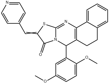 7-(2,5-dimethoxyphenyl)-10-(4-pyridinylmethylene)-5,7-dihydro-6H-benzo[h][1,3]thiazolo[2,3-b]quinazolin-9(10H)-one 化学構造式