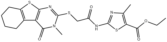ethyl 4-methyl-2-({[(3-methyl-4-oxo-3,4,5,6,7,8-hexahydro[1]benzothieno[2,3-d]pyrimidin-2-yl)sulfanyl]acetyl}amino)-1,3-thiazole-5-carboxylate 结构式