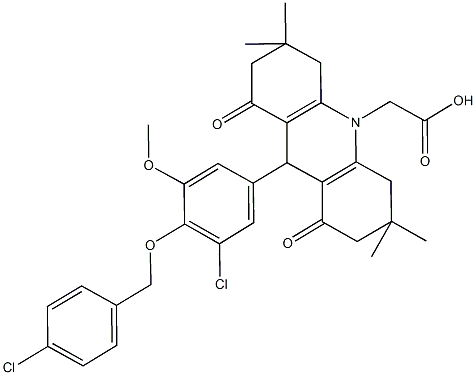 (9-{3-chloro-4-[(4-chlorobenzyl)oxy]-5-methoxyphenyl}-3,3,6,6-tetramethyl-1,8-dioxo-2,3,4,5,6,7,8,9-octahydro-10(1H)-acridinyl)acetic acid Structure