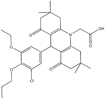 (9-(3-chloro-5-ethoxy-4-propoxyphenyl)-3,3,6,6-tetramethyl-1,8-dioxo-2,3,4,5,6,7,8,9-octahydro-10(1H)-acridinyl)acetic acid 化学構造式