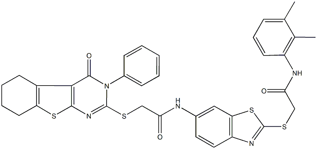 N-(2-{[2-(2,3-dimethylanilino)-2-oxoethyl]sulfanyl}-1,3-benzothiazol-6-yl)-2-[(4-oxo-3-phenyl-3,4,5,6,7,8-hexahydro[1]benzothieno[2,3-d]pyrimidin-2-yl)sulfanyl]acetamide 结构式