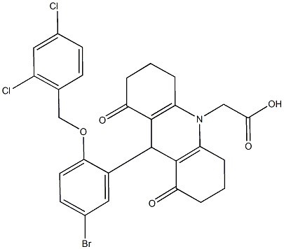 (9-{5-bromo-2-[(2,4-dichlorobenzyl)oxy]phenyl}-1,8-dioxo-2,3,4,5,6,7,8,9-octahydro-10(1H)-acridinyl)acetic acid Structure