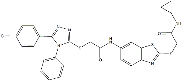 2-{[5-(4-chlorophenyl)-4-phenyl-4H-1,2,4-triazol-3-yl]sulfanyl}-N-(2-{[2-(cyclopropylamino)-2-oxoethyl]sulfanyl}-1,3-benzothiazol-6-yl)acetamide,501354-96-7,结构式