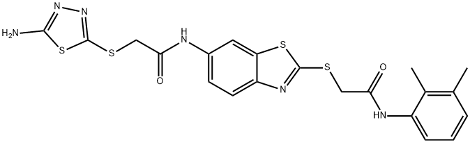 2-[(5-amino-1,3,4-thiadiazol-2-yl)sulfanyl]-N-(2-{[2-(2,3-dimethylanilino)-2-oxoethyl]sulfanyl}-1,3-benzothiazol-6-yl)acetamide 化学構造式