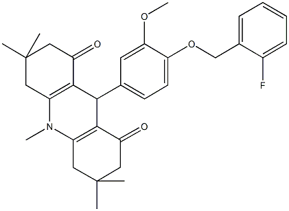 9-{4-[(2-fluorobenzyl)oxy]-3-methoxyphenyl}-3,3,6,6,10-pentamethyl-3,4,6,7,9,10-hexahydro-1,8(2H,5H)-acridinedione,501914-40-5,结构式