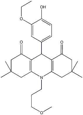 9-(3-ethoxy-4-hydroxyphenyl)-10-(3-methoxypropyl)-3,3,6,6-tetramethyl-3,4,6,7,9,10-hexahydro-1,8(2H,5H)-acridinedione Struktur