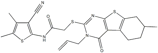 2-[(3-allyl-7-methyl-4-oxo-3,4,5,6,7,8-hexahydro[1]benzothieno[2,3-d]pyrimidin-2-yl)sulfanyl]-N-(3-cyano-4,5-dimethyl-2-thienyl)acetamide Structure