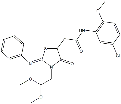 N-(5-chloro-2-methoxyphenyl)-2-[3-(2,2-dimethoxyethyl)-4-oxo-2-(phenylimino)-1,3-thiazolidin-5-yl]acetamide 化学構造式