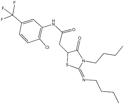 2-[3-butyl-2-(butylimino)-4-oxo-1,3-thiazolidin-5-yl]-N-[2-chloro-5-(trifluoromethyl)phenyl]acetamide Struktur