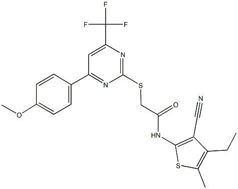 N-(3-cyano-4-ethyl-5-methyl-2-thienyl)-2-{[4-(4-methoxyphenyl)-6-(trifluoromethyl)-2-pyrimidinyl]sulfanyl}acetamide,505049-20-7,结构式