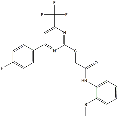 2-{[4-(4-fluorophenyl)-6-(trifluoromethyl)-2-pyrimidinyl]sulfanyl}-N-[2-(methylsulfanyl)phenyl]acetamide 化学構造式