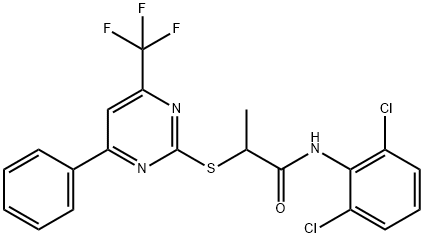 N-(2,6-dichlorophenyl)-2-{[4-phenyl-6-(trifluoromethyl)-2-pyrimidinyl]sulfanyl}propanamide 化学構造式