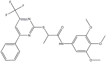 2-{[4-phenyl-6-(trifluoromethyl)-2-pyrimidinyl]sulfanyl}-N-(3,4,5-trimethoxyphenyl)propanamide 结构式