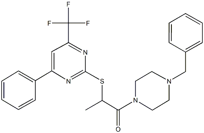 2-(4-benzyl-1-piperazinyl)-1-methyl-2-oxoethyl 4-phenyl-6-(trifluoromethyl)-2-pyrimidinyl sulfide,505055-34-5,结构式
