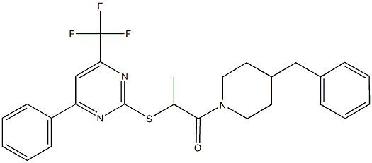 2-(4-benzyl-1-piperidinyl)-1-methyl-2-oxoethyl 4-phenyl-6-(trifluoromethyl)-2-pyrimidinyl sulfide,505056-02-0,结构式