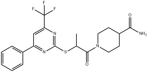 1-(2-{[4-phenyl-6-(trifluoromethyl)-2-pyrimidinyl]sulfanyl}propanoyl)-4-piperidinecarboxamide Struktur