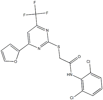 N-(2,6-dichlorophenyl)-2-{[4-(2-furyl)-6-(trifluoromethyl)-2-pyrimidinyl]sulfanyl}acetamide 结构式