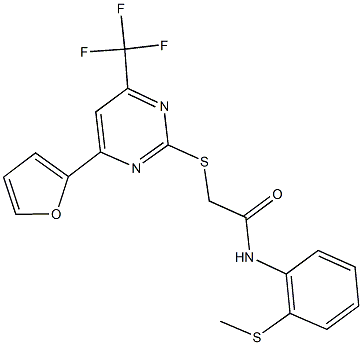 2-{[4-(2-furyl)-6-(trifluoromethyl)-2-pyrimidinyl]sulfanyl}-N-[2-(methylsulfanyl)phenyl]acetamide 结构式