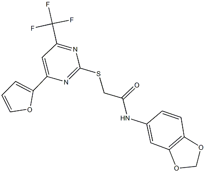 N-(1,3-benzodioxol-5-yl)-2-{[4-(2-furyl)-6-(trifluoromethyl)-2-pyrimidinyl]sulfanyl}acetamide Struktur