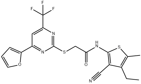 N-(3-cyano-4-ethyl-5-methyl-2-thienyl)-2-{[4-(2-furyl)-6-(trifluoromethyl)-2-pyrimidinyl]sulfanyl}acetamide Structure