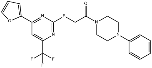 4-(2-furyl)-6-(trifluoromethyl)-2-pyrimidinyl 2-oxo-2-(4-phenyl-1-piperazinyl)ethyl sulfide Struktur