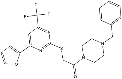 2-(4-benzyl-1-piperazinyl)-2-oxoethyl 4-(2-furyl)-6-(trifluoromethyl)-2-pyrimidinyl sulfide Struktur