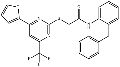 N-(2-benzylphenyl)-2-{[4-(2-furyl)-6-(trifluoromethyl)-2-pyrimidinyl]sulfanyl}acetamide Struktur