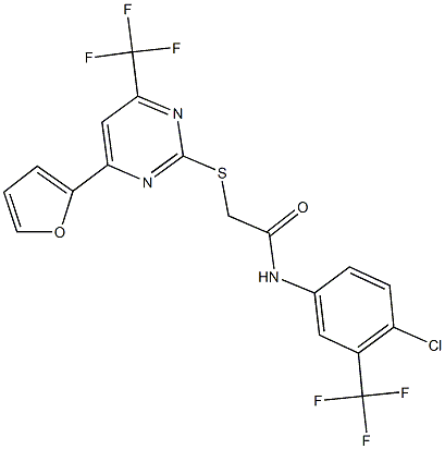 N-[4-chloro-3-(trifluoromethyl)phenyl]-2-{[4-(2-furyl)-6-(trifluoromethyl)-2-pyrimidinyl]sulfanyl}acetamide Struktur